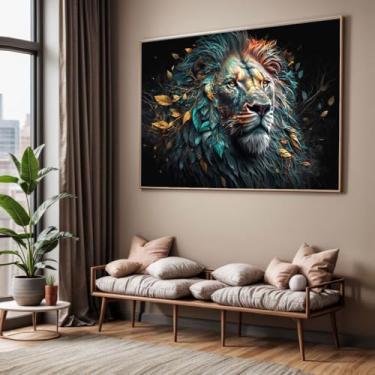 Imagem de Quadro com Moldura Sala Quarto Leão Abstrato com Folhas Decorativo Horizontal Grande Hall