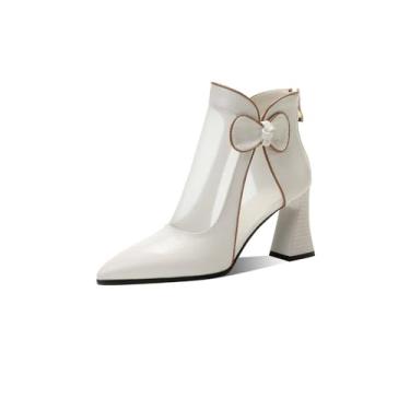 Imagem de TinaCus Bota feminina feita à mão de couro e malha bico fino com zíper nas costas e gravata borboleta, Bege, 33