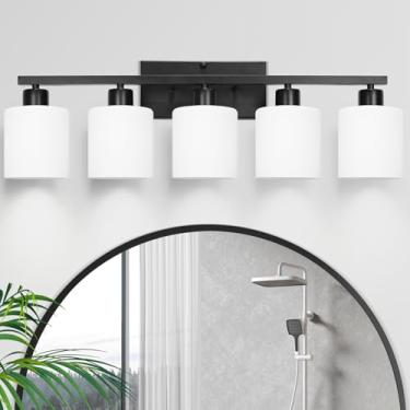 Imagem de SILAMPDI Luminárias Pretas Para Banheiro Sobre Espelho, De Penteadeira Com 5 Luzes Banheiro, Arandelas Modernas Iluminação Quarto E Sala Estar, Cúpulas Vidro Branco Leitoso, Base E26, Lâmpadas Não I