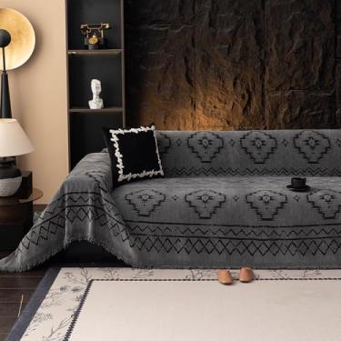 Imagem de VClife Capa de sofá lavável, protetor de sofá antiderrapante, para sofá com 2 almofadas, estampa tribal moderna, protetor de móveis para cães, chenille macio, cinza escuro, 188 x 395 cm