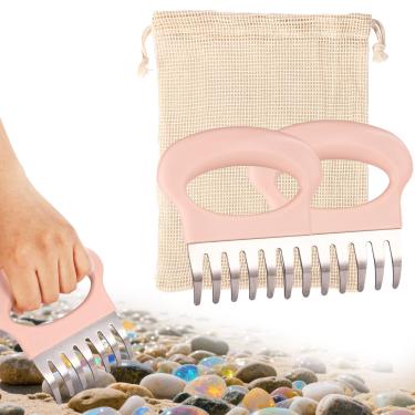 Imagem de Lyreh 2pcs Ancinho para Pulgas Areia, Pente de Praia com Saco Rede Ancinho Manual pá Rosa Praia Coletar Conchas Ferramentas para Caçar Vidro Mar