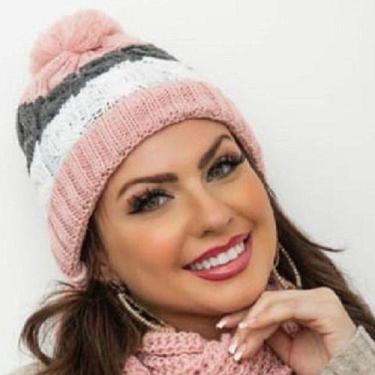 Imagem de Touca Lã Tricô Com Pompom Listrada Macio Quentinho Antialérgica - Supr