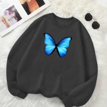 Imagem de Blusa de Frio Feminina GOLA CARECA Estamp Borboleta Azul Delicada Look