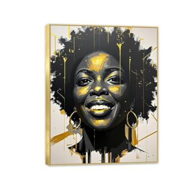 Imagem de Arte de parede de mulher negra arte de parede afro-americana preta e dourada emoldurada em tela de retrato feminino arte preta decoração de parede 80 x 60 cm (32 x 24 pol) moldura dourada