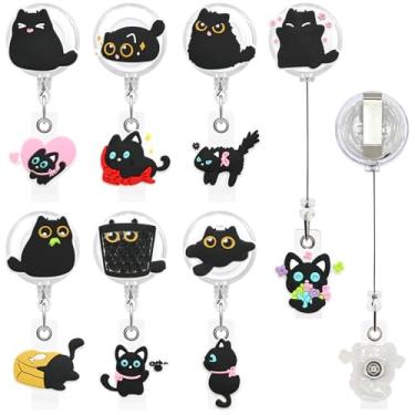 Imagem de 7 peças de porta-crachás retráteis fofos de gato preto a granel, crachás de identificação de enfermagem, carretéis de nome, clipes para professores e enfermeiras, presentes com clipe para crachá de