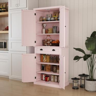 Imagem de MROJISC Armário de despensa de cozinha, armário de armazenamento alto com gaveta e prateleiras ajustáveis, armário independente rosa para cozinha, sala de jantar e sala de estar