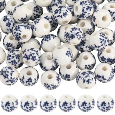 Imagem de SUNNYCLUE 1 caixa 80 peças contas redondas de cerâmica contas de porcelana flor granel 10 mm grande branco azul floral impresso bola mola espaçador para fazer joias, colar faça você mesmo, pulseira