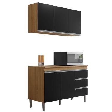 Imagem de Kit Armário Aéreo E Balcão De Pia Sem Tampo 120 Cm Adriana Amêndoa/preto