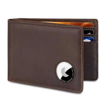 Imagem de BROSHOPP Carteira masculina AirTag, carteira dupla de couro de flor integral para Apple Air Tag, carteira masculina com suporte para AirTag, bloqueio RFID, compartimentos para dinheiro, janela para