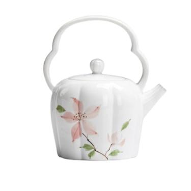 Imagem de Conjunto de chá de gongfu pintado à mão – Flor de pêssego em porcelana branca pura, inclui bule de chá com alça de arco, Gaiwan, xícaras de chá e bandeja de bule, presente de cerimônia de chá
