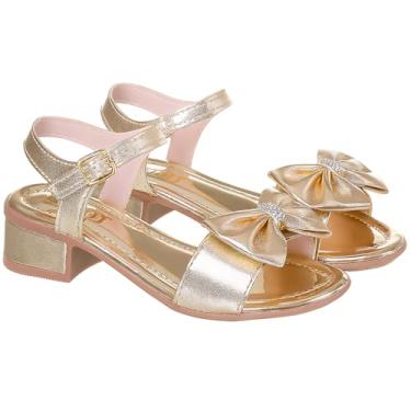 Imagem de Sandália Feminina Branca com Laço, Salto Baixo, Tira no Tornozelo, Detalhe em Strass (Dourada, BR, Adulto, Numérico, 37)