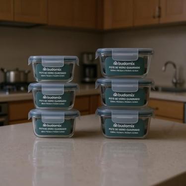 Imagem de Jogo Conjunto 6 Potes Vidro Quadrado Hermético Marmita 520ml 800ml Budamix