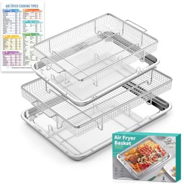 Imagem de Cesta de fritadeira OPENICE para forno, 2 conjuntos de cestas e bandejas de fritadeira a ar para forno, frigideiras de aço inoxidável e bandeja de crocante para forno com opção de fritura a ar, 15,4"