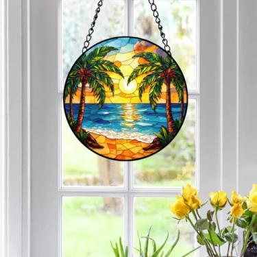 Imagem de WALLMEII Decoração de janela acrílica para pendurar na praia, pôr do sol, coqueiros marinhos, decoração de janela, enfeites para pendurar em ambientes internos e externos, painel de arte manchado