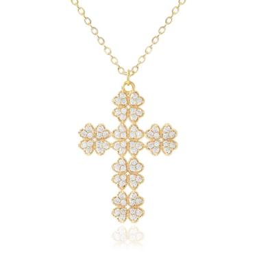 Imagem de MUSEQVE Colar de cruz de trevo para mulheres, banhado a ouro 14K, coração, quatro folhas, trevo, cruz, joias, zircônia cúbica, elegante, colar cristão [CXN-CV], 17 inch with 2 inch extender, Aço