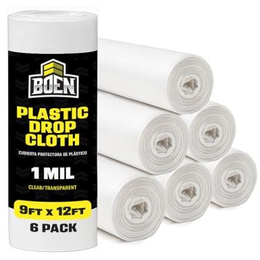 Imagem de BOEN Pano de plástico transparente 9x12 – Pacote com 6 folhas de plástico para pintores de 1 mil – Capa de tinta à prova d'água para proteção de móveis, pisos, janelas e poeira – Lona de plástico