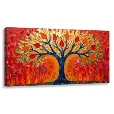 Imagem de Árvore da Vida Arte de Parede Impressão em Tela Decoração Abraço da Vida Folhas Douradas Fotos Galhos Azuis 80x40cmx1