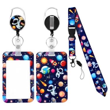 Imagem de Cordão com suporte para cartão, carretel retrátil para crachá com clipe para crachá de identidade, chaves, planetas espaciais, astronautas, cordão destacável para crianças, mulheres, enfermeiras