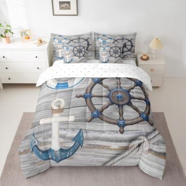 Imagem de Manfei Conjunto de edredom estilo náutico, corda de âncora, leme, tamanho casal, 7 peças, estampa retrô de grão de madeira, para decoração de quarto de crianças, meninas, cama de poliéster em uma