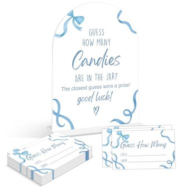 Imagem de Jogos de chá de bebê - Blue Bow Guess How Many Doces Are In The Pote, 1 placa de acrílico em arco e 50 cartas de adivinhação, jogo de revelação de gênero, suprimentos de decoração de chá de bebê azul
