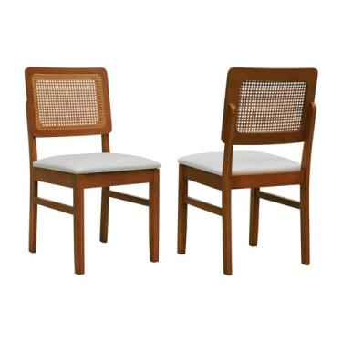 Imagem de Kit 2 Cadeiras Madeira Maciça Lyon Encosto Telinha Amêndoa - Amêndoa - Assento Estofado Corano Bege