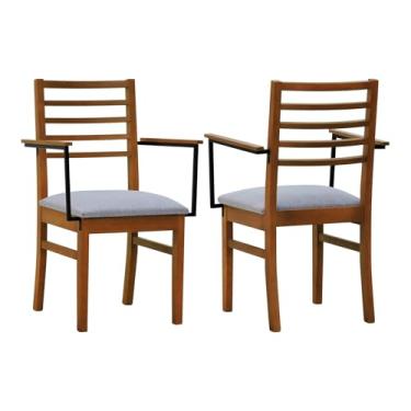 Imagem de Kit 2 Cadeiras Tiê Madeira Maciça Encosto Ripado c/Braço Metal - Amêndoa - Assento Estof. Linho Cinza Mescla Impermeável