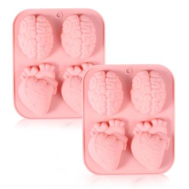 Imagem de 2 peças de moldes de cérebro e coração, moldes de silicone 3D realistas para o dia das bruxas, formas de órgãos, ferramentas de cozimento para bolos de doces, pudim de geleia de chocolate