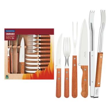 Imagem de Kit para Churrasco em Aço Inox com Cabo de Madeira Natural 15 Pçs Tram