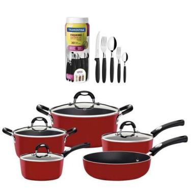 Imagem de Jogo de Panelas Mônaco Induction Verm 5 Pçs com Faqueiro Ipanema 30 Pç