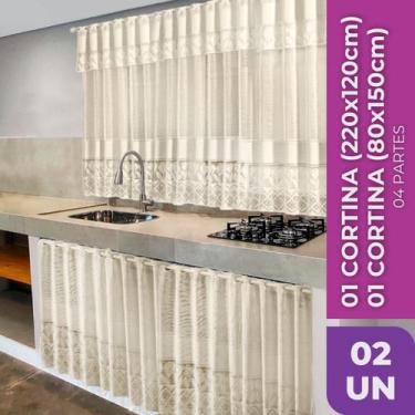 Imagem de Kit Cortina De Cozinha Em Renda Para Janela e Pia Armário Balcão de Re