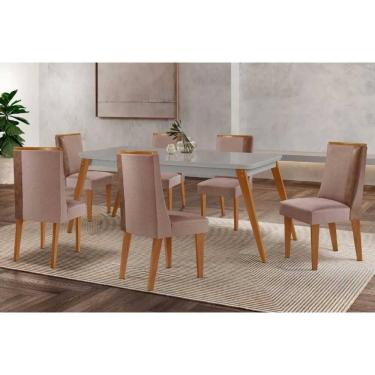 Imagem de Mesa Cozinha Havana c/ Tampo Madeirado c/ Vidro Canto Curvo 180x90cm e 6 Cadeiras Tilia Madeira Maciça Naturale/Off White - Capuccino/Linho Capuccino-