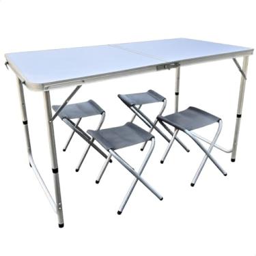 Imagem de Mesa Dobrável Maleta de Camping com 4 Bancos, 120 x 60 cm, Alumínio, Portátil Mesa Praia para Piquenique e Exterior