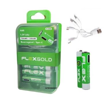 Imagem de 4 Pilhas Recarregáveis Flex AAA 1.5V de Lítio 1200mAh com Carregamento Direto via Cabo USB-C e LED Indicador de Carga mais Case Porta Pilhas