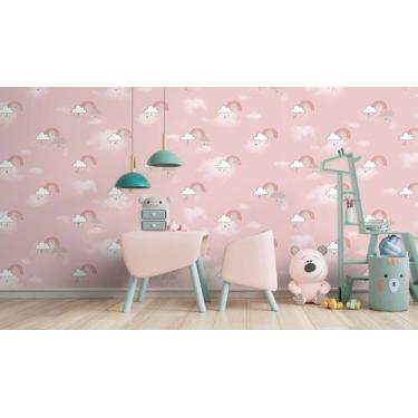 Imagem de Papel de Parede Rosa ou Branco, Chuva de Arco Íris - Rolo 9,50 Metros 