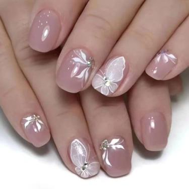 Imagem de Unhas postiças curtas quadradas com design de strass de borboleta branca rosa claro unhas de acrílico fofas cola brilhante nas unhas primavera verão para mulheres, 24 peças