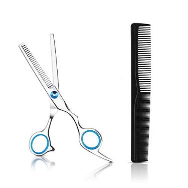 Imagem de Tesouras finas de aço inoxidável de 16 cm tesoura de corte de cabelo profissional de barbeiro textura tesoura de barbeiro para casa para mulheres homens e crianças (azul)