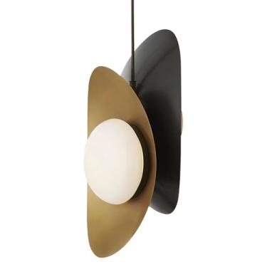 Imagem de Qepeety Candeeiros de vidro pendurados de meados do século, 2 luzes douradas e pretas clássicas em forma de crescente vintage luminária pendente de teto para mesa de jantar, sala de estar, quarto