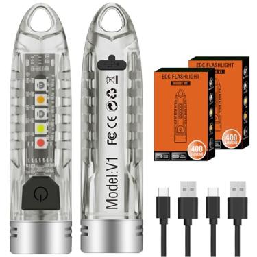 Imagem de HYVCZP Mini lanterna EDC V1, pacote com 2, chaveiro portátil de 400 lm, 12 modos com luz lateral UV, vermelho, azul, amarelo, branco, recarregável, à prova d'água, luz de bolso de LED de emergência