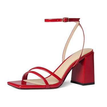 Imagem de iiimmu Sandálias de salto femininas de couro envernizado com bico quadrado de 8,5 cm, Vermelho, 39