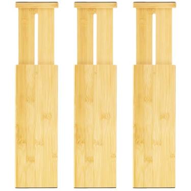 Imagem de VaeFae Pacote com 3 divisórias de gaveta de bambu, organizadores de gaveta de roupas ajustáveis de 10 cm de altura de 30 a 43 cm, separadores expansíveis para quarto, banheiro, cozinha/escritório