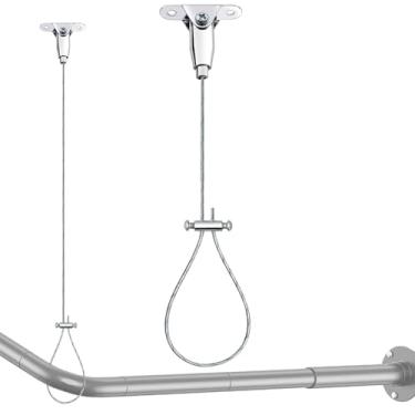 Imagem de Suporte de varão de cortina de chuveiro montado no teto - Suporte de suspensão de teto ajustável de 152 cm para hastes de chuveiro de canto curvas, em forma de L, em forma de U, todas de aço