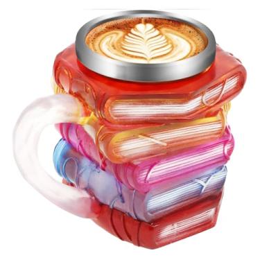 Imagem de Caneca de livro pintada, caneca de café de livros pintados em 3D, copo de café de pilha de livros exclusivos, vidro de livro de resina com alça, copo de água de decoração de mesa feito à mão para