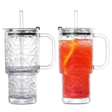 Imagem de Copo de vidro ondulado de água de 473 ml com alça, pacote com 2 xícaras de café gelado para bebidas frias/quentes, caneca de café moderna para vitaminas, suco, café, chá