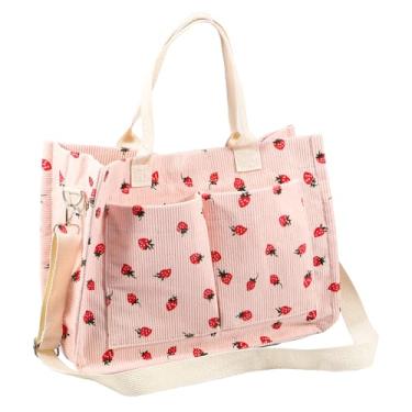 Imagem de LCZNXJJY Sacolas de lona, linda bolsa remendada de morango, bolsa de ombro de lona, bolsa de ombro com alças ajustáveis, rosa, 13.8 x 10.2 x 5.7 inches