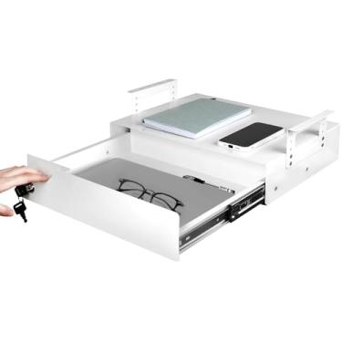 Imagem de Gaveta de travamento sob a mesa 29 cm P x 43 cm L x 13 cm A, suporte universal para todas as mesas: molduras, barras e superfícies lisas, com suportes altos ajustáveis em altura, branco