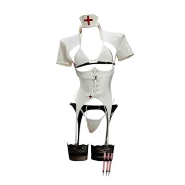 Imagem de Mobbunny Conjunto feminino de lingerie sexy de enfermeira, conjunto de sutiã e calcinha, roupa de Halloween, Branco, M