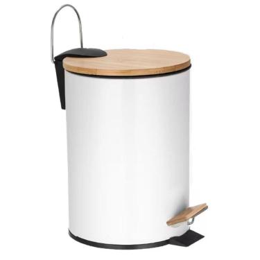 Imagem de Lixeira 3 Litros Round Branco Com Pedal Bambu