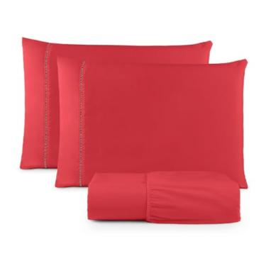 Imagem de Jogo De Lençol Casal Padrão 3pçs Micropercal 400 Fios Aveludado Não Gera Bolinhas (VERMELHO)