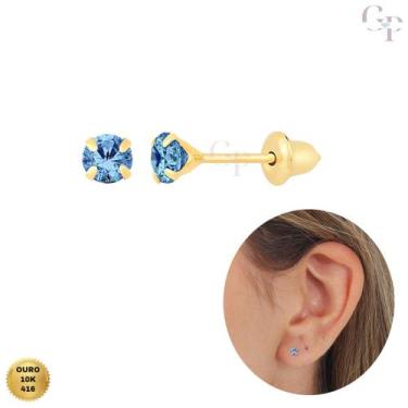 Imagem de Brinco De Ouro 10k Zircônia Azul 3mm Recém Nascido, Infantil e Adulto 