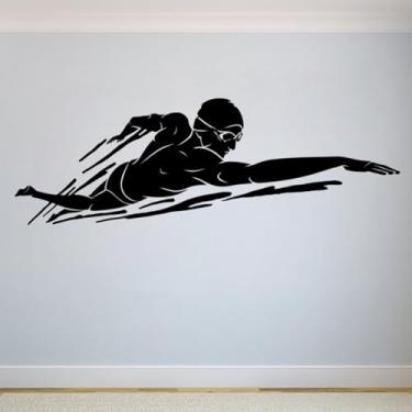 Imagem de Decalque de parede de vinil nadador piscina esportes aquáticos adesivos de parede para decoração de quarto de casa mural papel de parede removível 42 x 148 cm